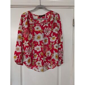 Tolani Silk Floral Blouse Red White Yellow Long Sleeve‎ Top Women's small